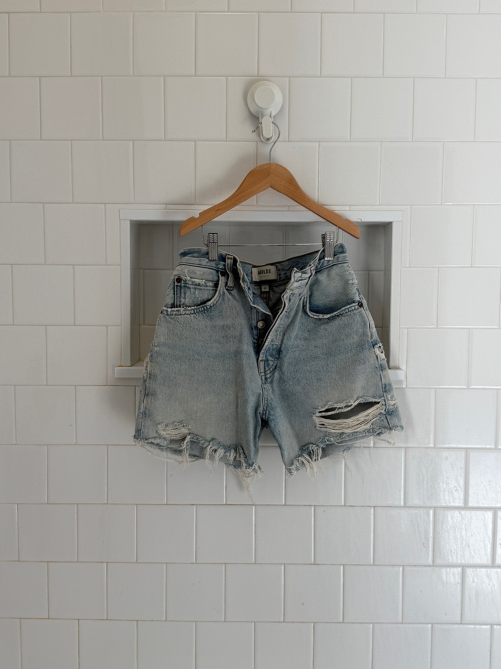 AGOLDE Riley Light Blue Distressed High-Rise Denim Shorts